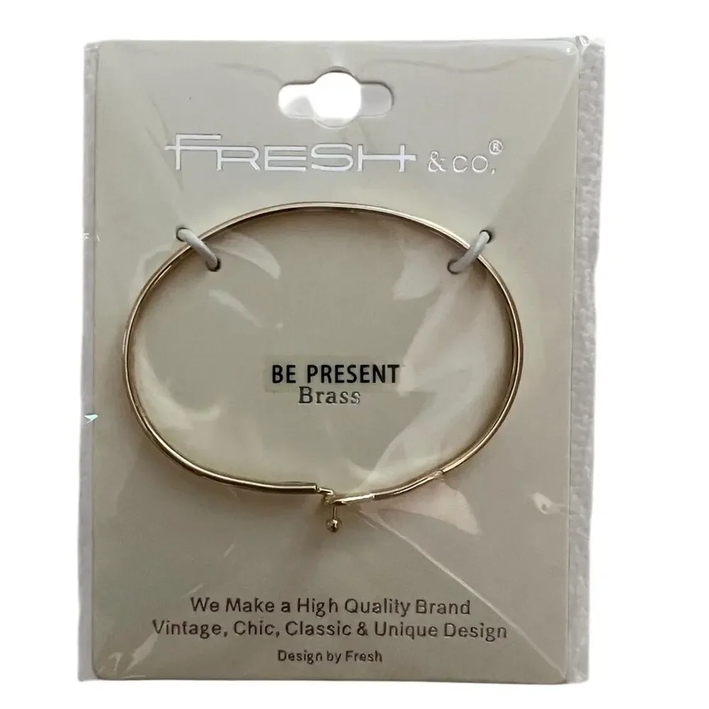 New Fresh & Co Gold Hook Bangle Bracelet  - “Be Present” Engraving
